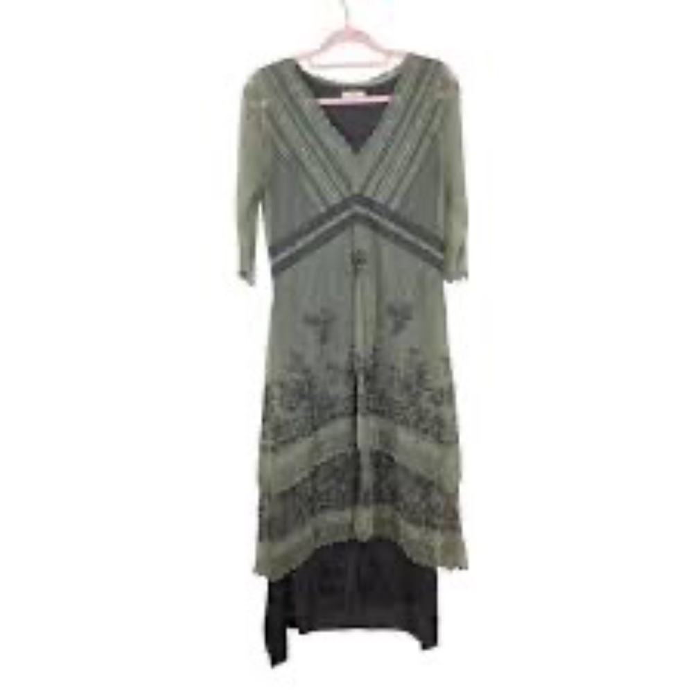 Nataya Sage Green Embroidered Mesh/Grey Victorian Style‎ Mesh Overlay Dress Sz L